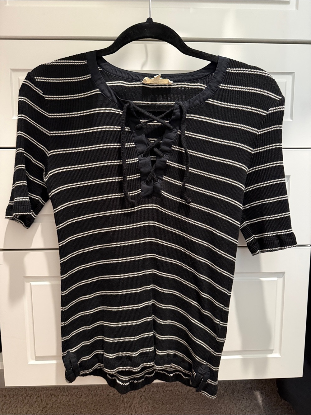 Madewell Black and Cream Lace-Up Striped Short Sleeve Top